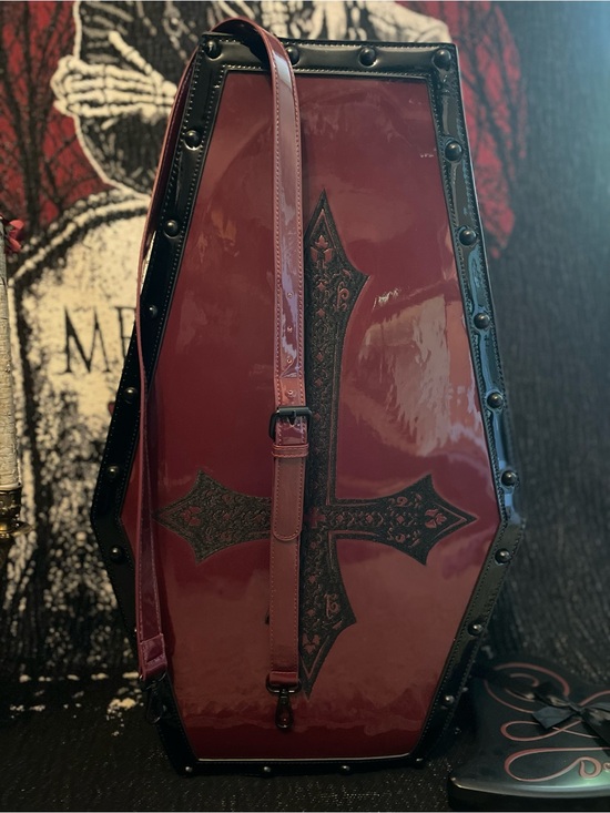 Dolls Kill Handbags - Dolls Kill Wine Red Coffin Weekender Bag with Black Embroidered Cross